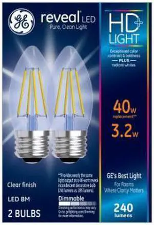 GE Lighting 31891 Reveal HD+ Decorative LED Light Bulbs, Clear, Dimmable, 240 Lumens, 4 Watts, 2-Pk. - Quantity 1