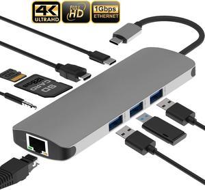 USB C Hub, 9 in 1 Type C to 4K HDMI Multiport Adapter Dock with RJ45 Ethernet Port, Power Delivery, 60W USB-C PD Port, 3 USB 3.0 port, SD/TF Card Reader, 3.5mm Audio, Type-C Hub for MacBook ChromeBook