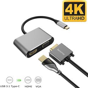 USB C to HDMI VGA Adapter, Jansicotek 4-in-1 Type-c Hub with 4KX2K HDMI, 1080P VGA, 2 Screens Different Display Compatible for MacBook Pro/iPad Pro 2018/ Samsung Galaxy/Dell XPS