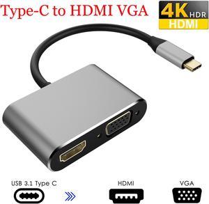 Jansicotek USB-C to HDMI VGA Adapter, 2 in 1 USB 3.1 Type C to VGA HDMI 4K UHD Converter Adaptor Thunderbolt 3 Compatible Dual Screen Display with Aluminium Compatible 2019/2018 MacBook, Gray