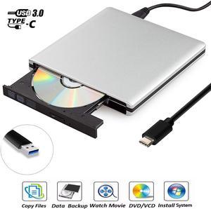 USB C & USB3.0 2 IN 1 External CD Drives, Portable Aluminum CD DVD Writer Super Optical Drive with High Speed Data Transfer Burning and Reading for Windows 10 8 7 Apple MacBook Air, Pro, iMac, Silver