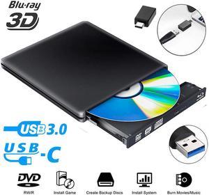 Jansicotek External DVD CD Blu-ray Drive USB 3.0/USB-C BD 3D Blu-ray Player Portable DVD/CD-ROM BD-ROM Burner. High-Speed Data Transfer, Compatible with PC Laptops Desktops, Black