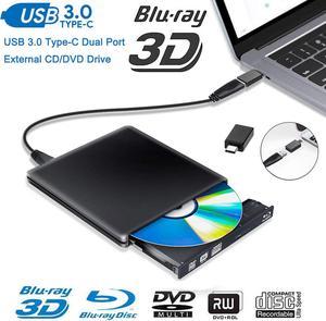 USB3.0/USB-C Blu Ray Drive,Jansicotek USB 3.0 External CD/DVD Burner/Writer, 3D 6X Blu-Ray Disc Playback, Portable BD/CD/DVD Burner Drive with Polished Metal Chrome for Mac, Laptop, PC, Black
