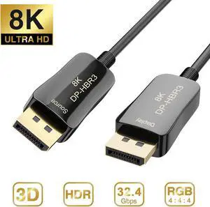 Jansicotek DP Fiber Optic Cable 33ft, Displayport 1.4 Fiber Optic Cable, High Speed 32.4 Gbps Support 8K@60Hz 4K@120Hz, DP1.4 Fiber DP to DP Cable Gold Plated, Black