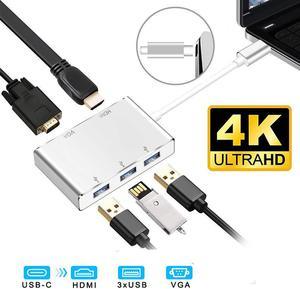 USB C Hub, 5-in-1 USB C Adapter (Thunderbolt 3) to 4K HDMI,1080P VGA, 3 USB 3.0, USB C Dock Compatible Apple MacBook Pro MacBook Air Pro, Chromebook and Other Type C Laptops