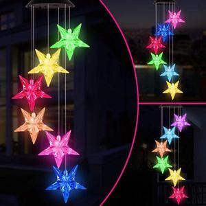 Wind Chimes, Color Changing Solar Wind Chime Outdoor Mobile Waterproof Six Stars LED Solar String Lights Gifts for Home Party Night Garden Hanging Decoration