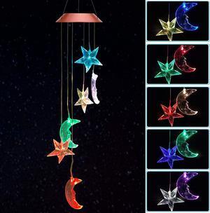 Wind Chimes, Color Changing Solar Wind Chime Outdoor Mobile Waterproof Six Star Moon LED Solar String Lights Gifts for Home Party Night Garden Hanging Decoration