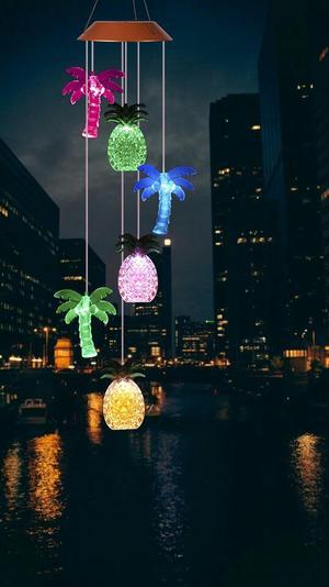 Gifts for Mom Grandma Wind Chimes Outdoor, Solar Pineapple Coconut Wind Chimes Color Changing Lights Mobile Wind Chime Best Memorial Birthday, Decorative Romantic Patio Lights for Yard Garden Home