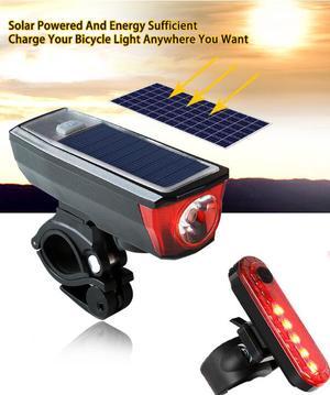 LED Bike Light Accessories, USB Rechargeable Solar Bright Bicycle Headlight with Horn Back Light and Portable Safety Warning Lamp for Road Mountain and All Bikes Walking Cycling Riding at Night
