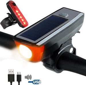 Solar USB Rechargeable Bicycle Light Set Super Bright LED Headlight, LED Taillight, Quick-Release