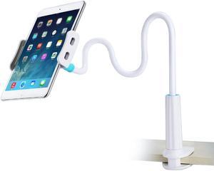 Cellphone & Tablet 2 in 1 Stand Holder Clip with Grip Flexible Long Arm Gooseneck Bracket Mount Clamp Compatible with Pad/iPhone X/8/7/6/6s Plus Samsung S8/S7 Amazon Kindle Fire HD and More- White