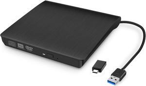 XD001 External CD Drive, USB 3.0 Slim DVD Writer Rewriter Burner High Speed Data Transfer for Desktop/Laptop/Linux/Mac OS/Windows10/8/7 (Black)
