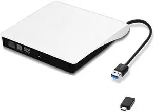 External CD/DVD Drive, USB 3.0 Type-C Portable Optical Slim CD/DVD Burner Player RW Drive Compatible with Desktop PC Windows XP/ 2003/ Vista/ 7/8, Linux, Mac os System(White)