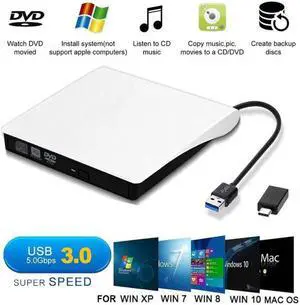 XD001 External CD Drive, USB 3.0 Slim DVD Writer Rewriter Burner High Speed Data Transfer for Desktop/Laptop/Linux/Mac OS/Windows10/8/7 (White)