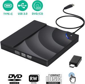 Jansicotek CD DVD Drive USB 3.0 and Type-C Portable CD/DVD Player for Laptop CD Drive Reader Writer Burner with Touch Sensitive Button Compatible with Laptop Desktop PC Windows Linux Apple Mac Black