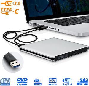 Aluminum External DVD Drive, USB 3.0 Type C CD Drive, Dual Port DVD Player, Portable Optical Burner Writer Rewriter, High Speed Data Transfer for Laptop Notebook Desktop PC MAC OS Windows, Silver