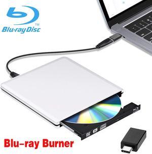 Aluminum External DVD Blu-Ray Burner Drive, USB 3.0&Type C Dual Port DVD Player, Portable Optical Burner Writer Rewriter, High Speed Data Transfer for Laptop Notebook Desktop PC MAC OS Windows, Silver