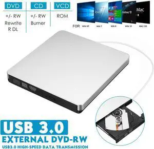 Jansicotek External CD DVD Drive USB 3.0 and Type-C Portable CD/DVD Player for Laptop CD Drive Reader Writer Burner Compatible with Laptop Desktop PC Windows Linux Apple Mac Black