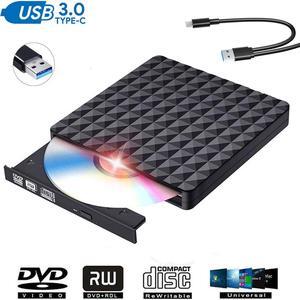 External CD DVD Drive, USB-C/USB3.0 DVD +/-RW Burner for Laptop, Optical Disk Drive with Type C Cord, Mufti-Functional, for PC Desktop Mac Book Windows 10/8/7 Linux OS, Diamond