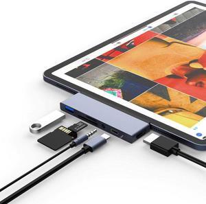 USB C Hub for iPad Pro 6 in 1 USB C iPad Pro Hub Adapter with 4K HDMI USB 3.0 60W PD Charging 3.5mm Audio Jack, SD/TF Card Reader Compatible with iPad Pro 2020 2018 12.9 11 inch