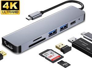 6 in 1 USB C Adapter for MacBook Pro/MacBook Air 2020 2019 2018 13" 15" 16", USB-C Hub with 2 USB 3.0 Ports, USB C to SD/TF Card Reader and 87W Thunderbolt 3 PD Port, 4K HDMI Output