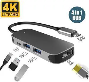USB C Hub Multiport Adapter - 4 in 1 Portable Dongle with 4K HDMI + USB3.0 Ports + USB2.0 Ports + 60W Power Delivery Compatible for MacBook Pro Air, Dell XPS 15, Google Chromebook Pixel
