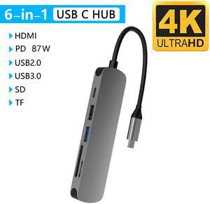 USB C Hub Multiport Adapter 6 in 1 Type C, Compatible with MacBook Pro/Air,iPad Pro, Type C Laptops,XPS,USB C Docking Station with 4K HDMI, USB3.0, USB2.0, SD/TF Card Reader/87w Type C PD