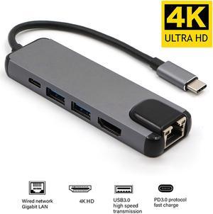 USB C Hub Multiport Adapter - 5 in 1 Portable Space Aluminum Dongle with 4K HDMI Output, 2 USB 3.0 Ports, Gigabit Ethernet, 100W Power Delivery, Adapter for MacBook Pro, XPS More Type C Devices