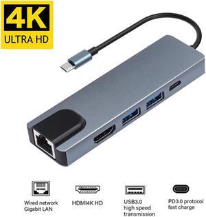 USB C Hub with HDMI, 5 in 1 Type C Adapter with 2 USB 3.0 Ports, Gigabit Ethernet, 4K HDMI, Type- C 100W PD, Aluminum USB C Adapter Compatible MacBook Pro, Surface Go and Other Type-C Devices