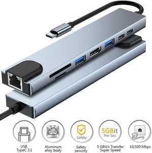 USB C Hub Adapter, 8-in-1 USB C Adapter,with 4K USB C to HDMI,SD/TF Card Reader and RJ45 Ethernet,USB3.0/2.0 Ports,87W Power Delivery, Type-C Port for MacBook Pro, iPad Pro 2019/2018, Pixelbook, XPS