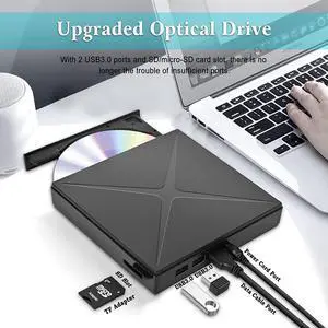 Jansicotek External CD DVD Drive USB 3.0 Type-C Portable CD/DVD ROM +/-RW Optical Drive Player Reader Writer Burner Support SD Card Reader for Laptop Desktop PC, MacBook Pro/ Air, iMac