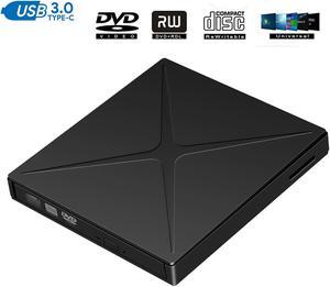 Jansicotek CD DVD Drive USB 3.0 and Type-C Portable CD/DVD Player for Laptop CD Drive Reader Writer Burner Support SD Card Reader Compatible with Laptop Desktop PC Windows Linux Apple Mac Black