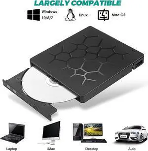 Jansicotek External DVD Drive for Laptop, USB 3.0 Portable Optical Slim CD/DVD Burner Player RW Drive with 4 USB Ports and 2 SD Card Slots For Desktop PC Windows XP/ 2003/ Vista/ 7/8, Linux, Mac os
