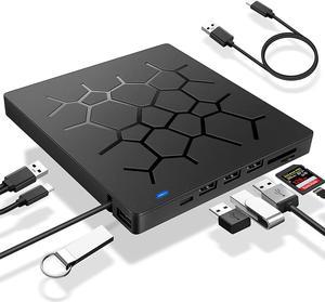 Multifunct Portable USB 3.0 Slim 8X DVD/ Burner +/- Rewriter External Drive with Type-c, Touch Sensitive Button with 4 USB Ports and 2 SD Card Slots  Compatible with both Mac & Windows, (7IN1DVD)