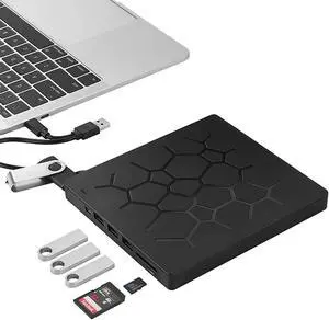 Multifunct External CD DVD Drive USB3.0/USB-C Slim Portable DVD/CD ROM +/-RW Optical Drive Burner Writer with 4 USB Ports and 2 SD Card Slots for MacBook, iMac, Windows/ Linux/ Mac Laptop Desktop