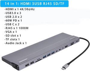 USB C Hub Adapter, 14-in-1 USB C Hub, with 4K USB C to HDMI, 87W Power Delivery, 3 USB 3.0 Ports,2 USB 3.0 Ports,2 USB-C Ports, SD and microSD Card Readers,3.5mm Audio for MacBook Pro