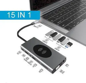 Docking Station, 15 in 1 USB C Adapter, USB C Dongle with 4K to HDMI, 87W PD Charging Port, 7 USB-A,Wireless Charging, SD/TF Card Reader,3.5mm Audio, Gigablit USB-C Hub for MacBook Pro, iPad Pro, XPS