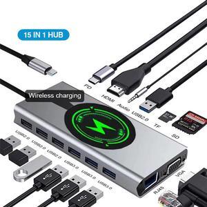 USB C Docking Station, 15 in 1 Dual Display USB C Hub Multiport Adapter with HDMI, VGA, 87W PD, 3X 5Gbps USB 3.0, 4X USB 2.0, Wireless Charging, Gigablit, SD/TF Card Slot, Audio for MacBook, Surface