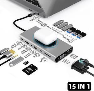 USB C Docking Station Dual Display 15 in 1 Dual Monitor USB C Hub Multiport Adapter with HDMI VGA Ethernet,3.5mm Audio, Gigablit Dongle Laptop Hub 87W PD,Wireless Charging USB C Dock for MacBook/Dell
