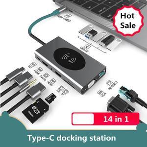 USB C Hub Adapter, 14-IN-1 USB C Hub, with 4K USB C to Dual HDMI, 100W Power Delivery, 5x USB3.0 Ports,Wireless Charging, SD and microSD Card Readers,3.5mm Audio for MacBook Pro