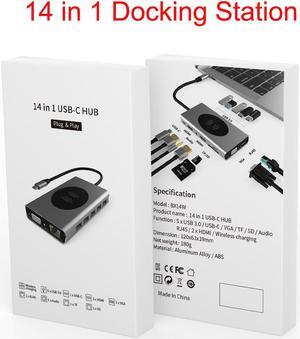 14-IN-1 USB Type C Hub Adapter with 4K Dual HDMI-Compatible Port ,VGA, 5 USB 3.0 Ports, Wireless Charging, SD&Micro SD Card, PD Charging,3.5mm Audio, Gigablit for Macbook/Pro