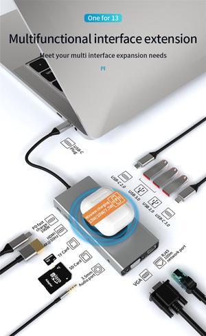 13 IN 1 Type C Hub Dongle Adapter (4K HDMI&VGA&DP,100W PD,USB-C Data Port,Wireless Charging), Dual Display Docking Station for Windows&MacBook Pro USB C Systems, macOS only Support Mirror Display