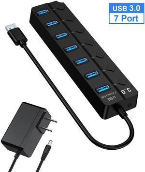 USB HUB 3.0 Powered Splitter - External 7 Port High Speed Hub Splitter with 5V DC Power Adapter and Individual On/Off Switch for MacBook Laptop PC and More(Black)