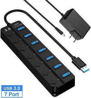 Powered USB Hub, USB to 7 Port USB 3.0 Data Port Hub Expander Portable Splitter with Universal 5V DC Adapter and Individual On/Off Switches for Laptop and PC(Black)