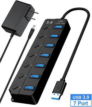 Powered USB 3.0 HUB, 7-Port USB Hub for Laptop with Individual On/Off Switch & LED Indicator Ultra Thin USB Splitter for MacBook, Mac Pro, Mac Mini, iMac, Surface Pro and More(Black)