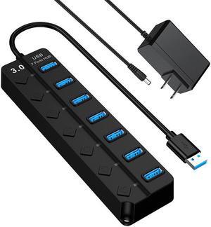 Powered USB 3.0 Hub, 7 Port USB 3.0 Hub Splitter with 7 USB 3.0 Data Ports with Individual On/Off and 5V DC Power Adapter USB Extension for MacBook, Mac Pro and More(Black)