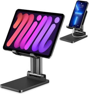 Cell Phone Stand, Adjustable Height and Angle iPhone Stand for Desk, Foldable Cell Phone Holder Compatible with 4-12.9 Inches iPhone X Xs 11 12 13 Pro Max XR SE/iPad/Kindle/Tablet (Black)