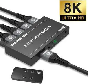 Jansicotek HDMI-Compatible 2.1 8K High Speed 48Gbps Directional Switch 4 in 1out 8K 60Hz 4K 120Hz Splitter Converter with Remote Control
