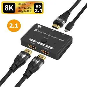Jansicotek 8K@60Hz HDMI 2.1 Switch, 4K@120Hz HDMI Switch 2In 1Out/1In 2Out, 2 Ports HDMI Switcher Selector, Support 1080P@240Hz, 48Gbps High Speed for PS5, Xbox, Fire Stick, Roku, UHD Monitor
