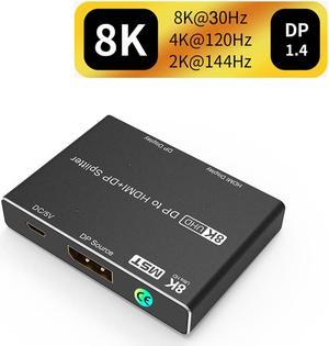 DisplayPort Splitter 8K Splitter Directional DP to DP+HDMI Switcher Supports 8K@30Hz 4K@120Hz Compatible with PC Host Monitor Laptop etc